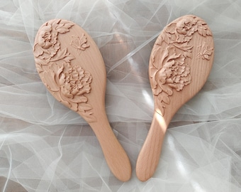 Handcrafted Beechwood Hair Brush Bamboo Bristles & Air Cushion Flower Design Double-Peony Whole Wood Oval Scalp Massage Comb All Hair Types