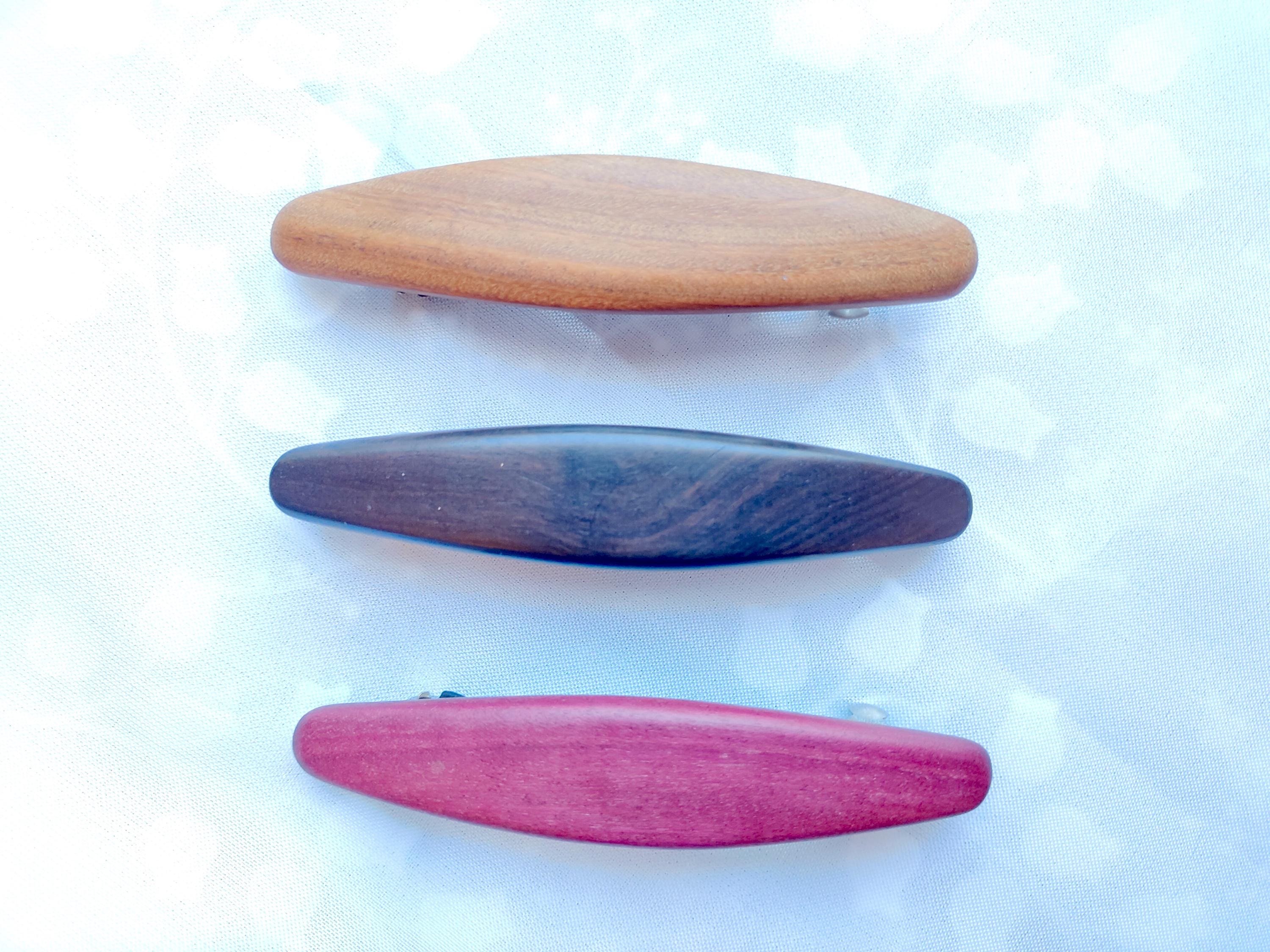 Handmade Wooden Hair Barrette Clips Natural Wood Colors Purpleheart/Peltogyne (Purple) Green Sandalwood (Green) African Blackwood (Black)