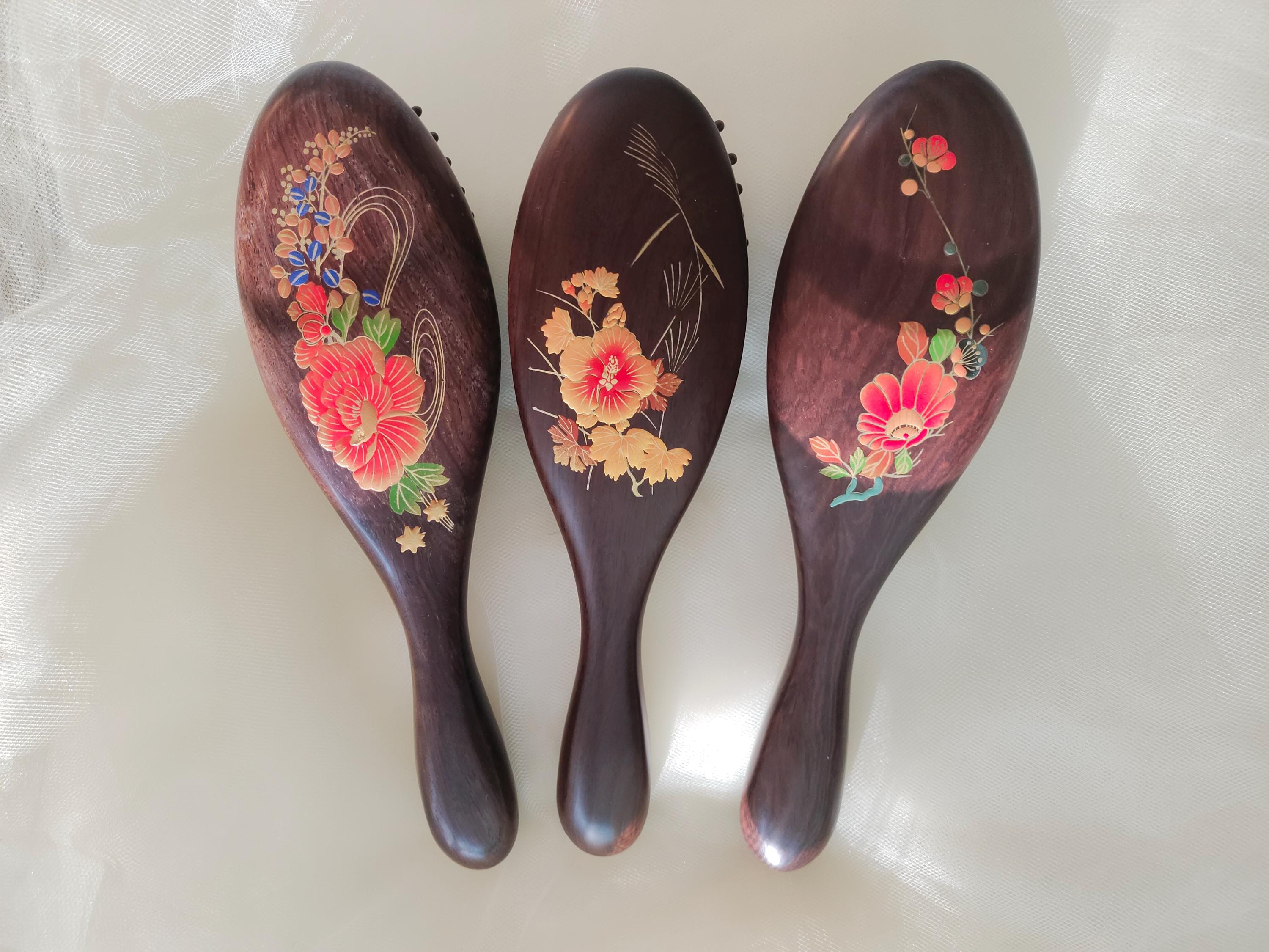 Hand-Painted Solid African Hardwood Hairbrush Wood Bristles-Air Cushion Floral Design Urushi Techniques Handcrafted Oval Scalp Massage Comb