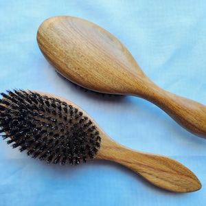 Solid Green Sandalwood Boar Bristle Brush Hand-Trimmed Medium to Firm Bristle for Hair Beard Pet Grooming Smooth Handcrafted Handle