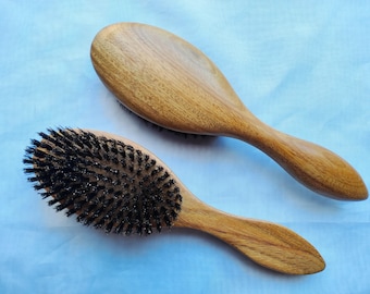 Solid Green Sandalwood Boar Bristle Brush Hand-Trimmed Medium to Firm Bristle for Hair Beard Pet Grooming Smooth Crafted Handle