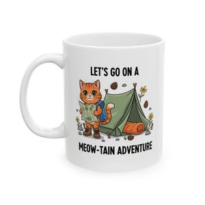 Mug chat aventure miaou-tain, cadeau de camping pour amoureux des chats, art de la carte chaton de randonnée, tasse chaton d'extérieur amusante, tasse chat aventure
