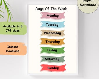 Days of the Week Poster: Kids Classroom Homeschool Decor (Digital Download)