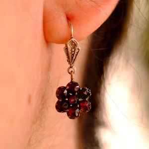 Antique Style Vintage Garnet Flower Drop Earrings – 835 Silver Hooks – Bohemian Floral Design