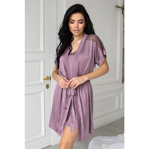 Dusty Purple Lace Silk Robe – Summer Silk Robe for Women | Luxury Short Silk Bathrobe | Boho Silk Dressing Gown | Elegant Silk Dress Robe