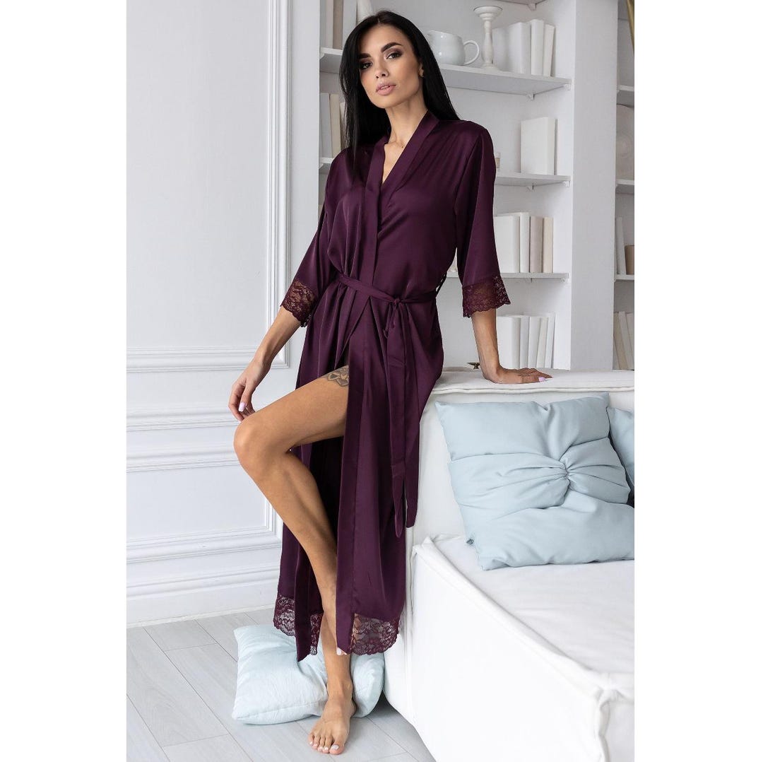 Long Summer Robe Elegant Plum Silk Long Robe With Lace Trim | Boho Women's Maxi Bathrobe ...