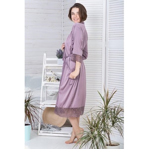 Elegant Mauve Long Silk Robe with Lace Trim | Vintage-Inspired Maxi Satin Robe | Beautiful Silk Dress Robe for Women, Bridal & Lounge