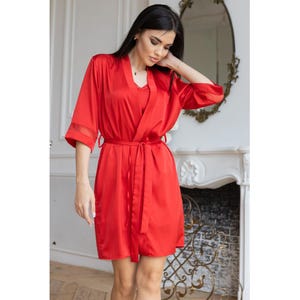 Elegant Red Silk Robe for Women – Luxury Summer Bathrobe with Belt | Lightweight Boho Silk Dress Robe
