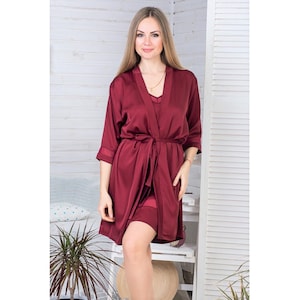 Burgundy Silk Robe for Women – Luxury Summer Silk Bathrobe | Boho Silk Dress Robe with Belt | Elegant Satin Kimono Loungewear