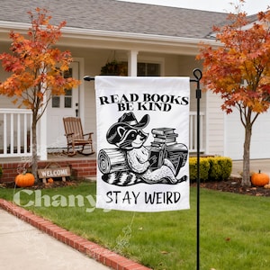 Read Books Be Kind Stay Weird Garden Flag, Cute Cowboy Raccoon Flag, Retro Black White Yard Sign, Durable Weatherproof Outdoor Home Sign