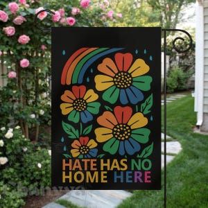 Hate Has No Home Here Garden Flag,LGBTQ+ Pride Floral Yard Banner,Inclusive Outdoor Decor,Rainbow Porch Sign,Love Wins Equality Yard Art