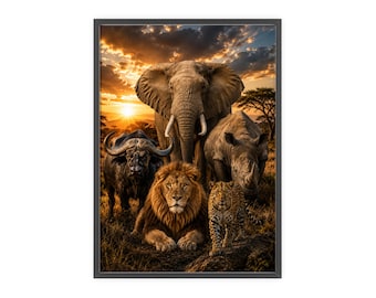 Majestätisk afrikansk djurlivposter Big 5 | Väggkonst med lejon, elefant, noshörning och gepard