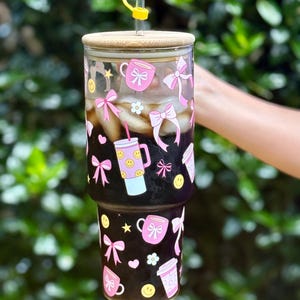 40oz Whimsical Glass Tumbler with Pink Bows Smiley Faces and Cute Coffee Mugs Great Gift for Her Birthday Christmas Holiday Drinkware Cup