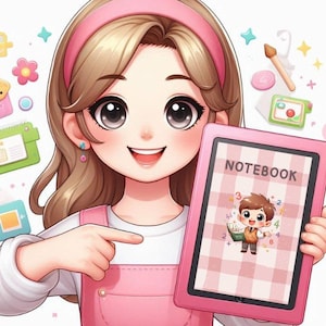 May include: A pink tablet with a checkered background and the word "NOTEBOOK" displayed on the screen. A cartoon character is holding a book and surrounded by numbers. The tablet is being held by a cartoon girl with long brown hair wearing a pink headband and a pink and white overall.