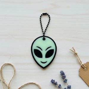 May include: A black and green alien head keychain with a black ball chain. The alien has large black eyes and a smiling mouth. The background is a light wood surface with a few sprigs of lavender and a blank tag.