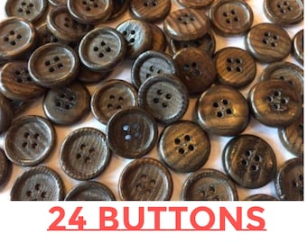 24 buttons Small Brown faux wood buttons 18 mm 3/4 inch sewing buttons, 24 vintage, plastic buttons 4 hole buttons