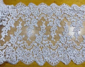 White lace beaded Re-embroidered beaded trim in Floral Trim with Sequins and bridal fabric and bridal trim