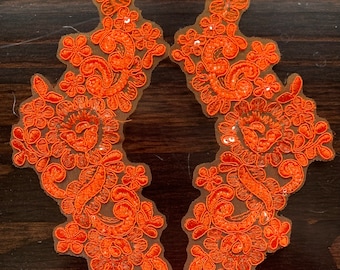 Orange beaded Applique on netting, beaded Applique lace pair for dance ballroom costumes bridal headbands sashes on with sequin and pearl