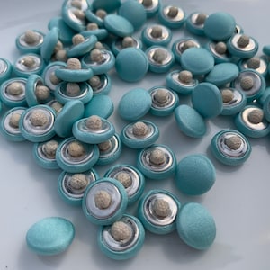 Bridal Buttons satin covered by the Dozen color pool blue covered buttons. Pool blue satin covered button blue covered buttons.