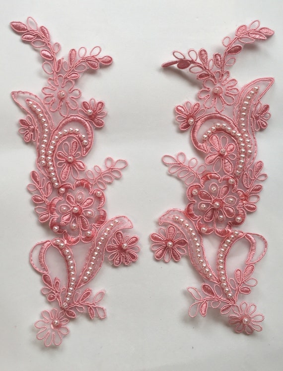Dusty rose beaded Applique beaded Applique lace pair for | Etsy