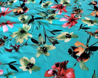 Floral Tropical Cotton Print Fabric, Turquoise Spring Apparel, 56" Wide