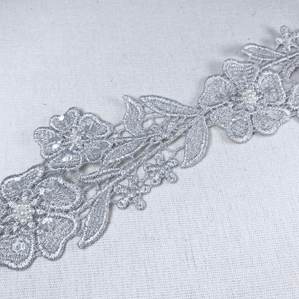 silver floral lace trim white and metallic silver  threading 2” wide beaded trim sold by the yard