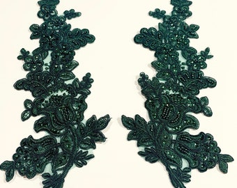 Hunter Green beaded Applique, beaded Aplique lace pair for lyrical dance ballroom costumes bridal headbands sashes on with sequin and pearl