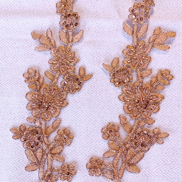 Rose Gold metallic beaded Applique, beaded Applique lace pair for lyrical dance ballroom costumes bridal headbands sashes on with sequin