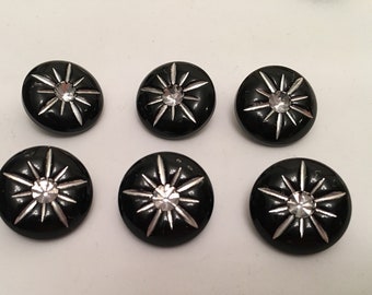 Small black sewing buttons plastic sewing buttons with silver etch center cut 3/4" 22mm vintage sewing button 6 buttons