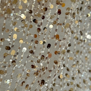 Metallic gold sequin on netting with beading by the yard sequin fabric, shiny sequins