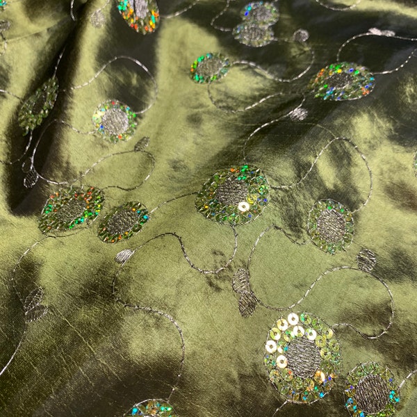 iridescent taffeta olive green Fabric with sequin design and metallic threading by the Yard Wedding taffeta