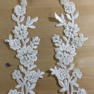 Ivory Beaded Appliques on netting Applique Pair in ivory Beaded Organza for Bridal, Headbands, Sashes, Costume Design