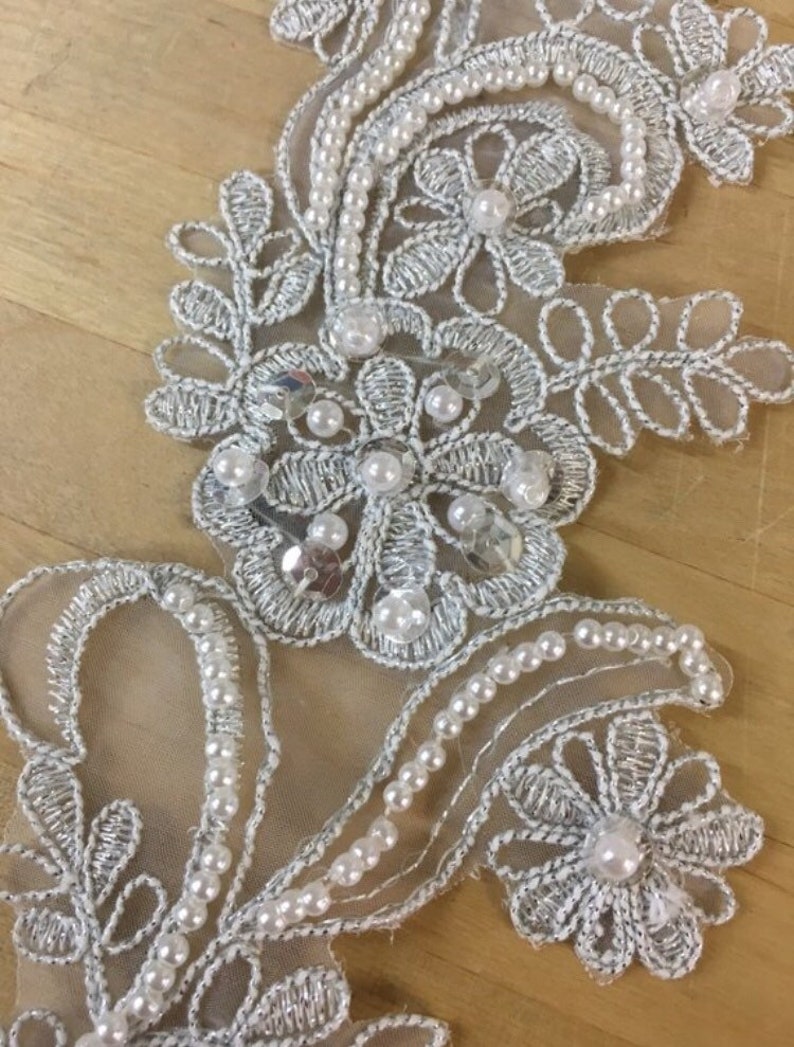 Silver White Beaded Applique Beaded Applique Lace Pair for - Etsy