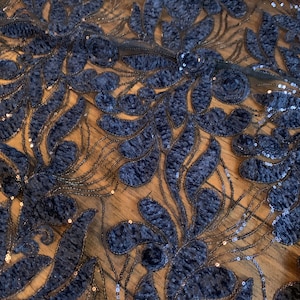 Navy soutache embroidered lace sequin lace in Floral design lace with navy sequins perfect lace for bridal fabric and dress lace