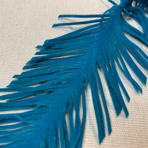 Real suede leather turquoise trim fringe 2” wide sold by the yard turquoise blue suede fringe.