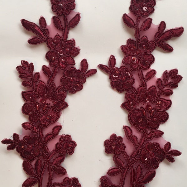 Wine beaded Applique, beaded Applique lace pair for lyrical dance ballroom costumes bridal headbands sashes on with sequin and pearl