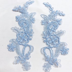 Light blue beaded Applique, beaded Applique lace pair for lyrical dance ballroom costumes bridal headbands sashes on with sequin and pearl