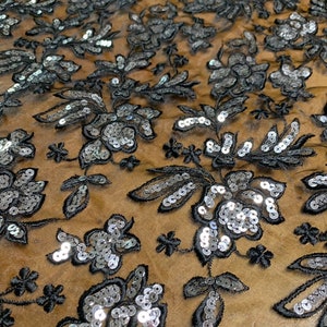 Black lace re embroidered floral design lace black lace with sequins in silver with Sequin floral design Lace