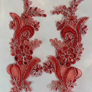 Red silver beaded Applique, beaded Applique lace pair for lyrical dance ballroom costumes bridal headbands sashes on with sequin and pearl