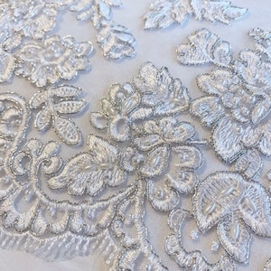 White lace with Metallic silver threading  Re-embroidered beaded trim in Floral Trim with Sequins and Beads bridal trim prom trim Beaded