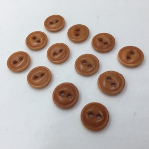 May include: A collection of twelve brown plastic buttons with two holes each. The buttons are arranged in a semi-circle on a white surface.