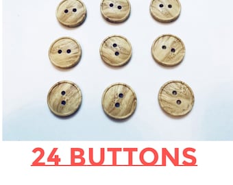24 Small natural wood tan Brown faux wood buttons 18 mm 3/4 inch sewing buttons, 24 vintage, plastic buttons 2 hole buttons