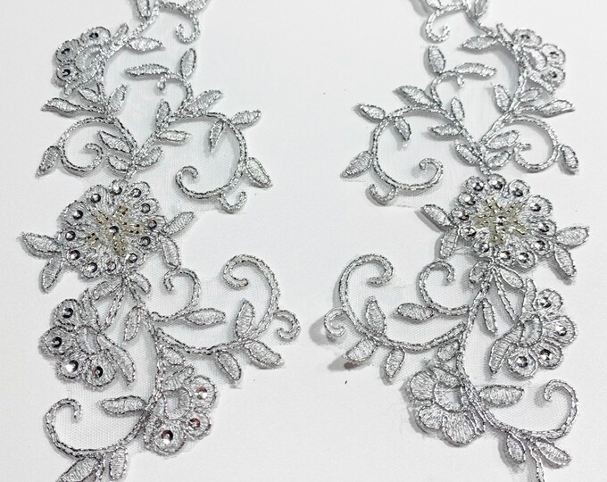 Metallic Silver Beaded Applique Beaded Applique Lace Pair for Etsy