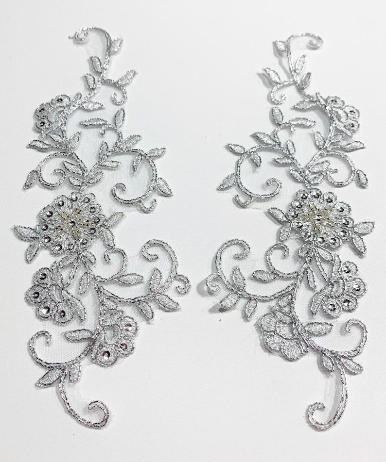Metallic Silver Beaded Applique Beaded Applique Lace Pair for Etsy