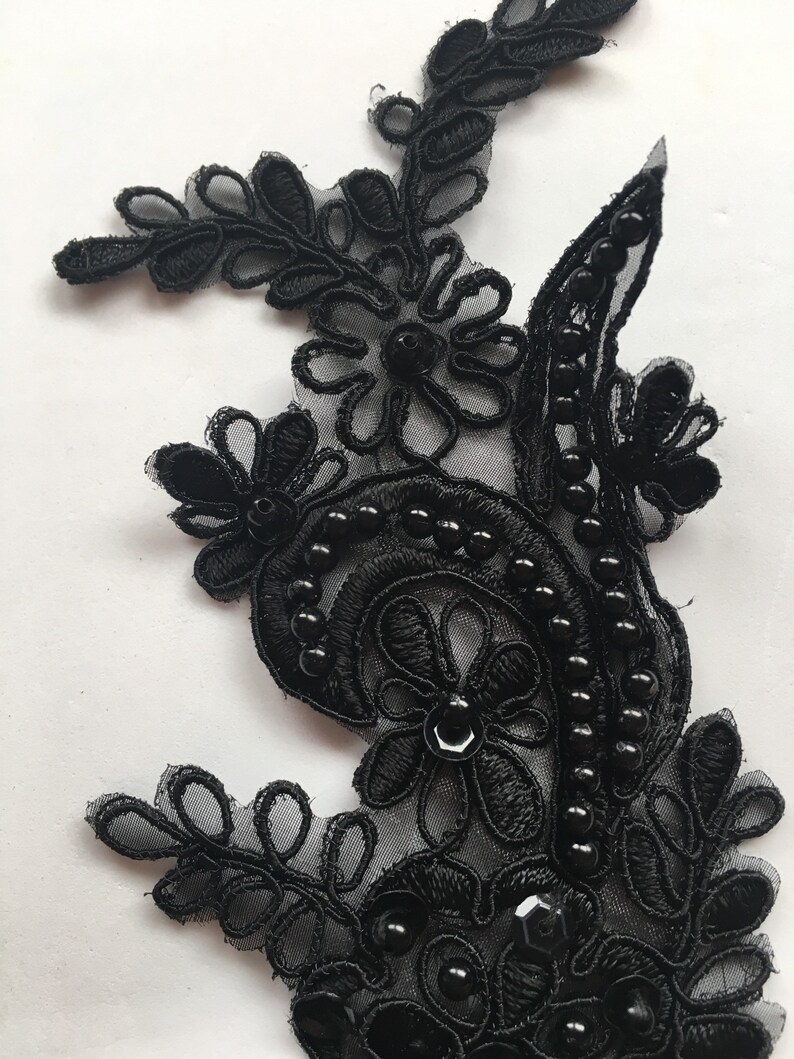 Black Beaded Applique With Black Cording Beaded Applique Lace Etsy