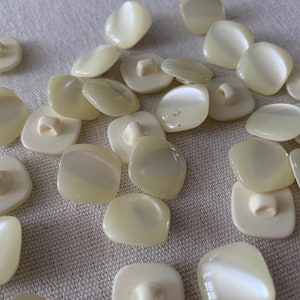May include: A collection of off-white, square-shaped buttons with a pearly sheen. The buttons have a two-hole design.