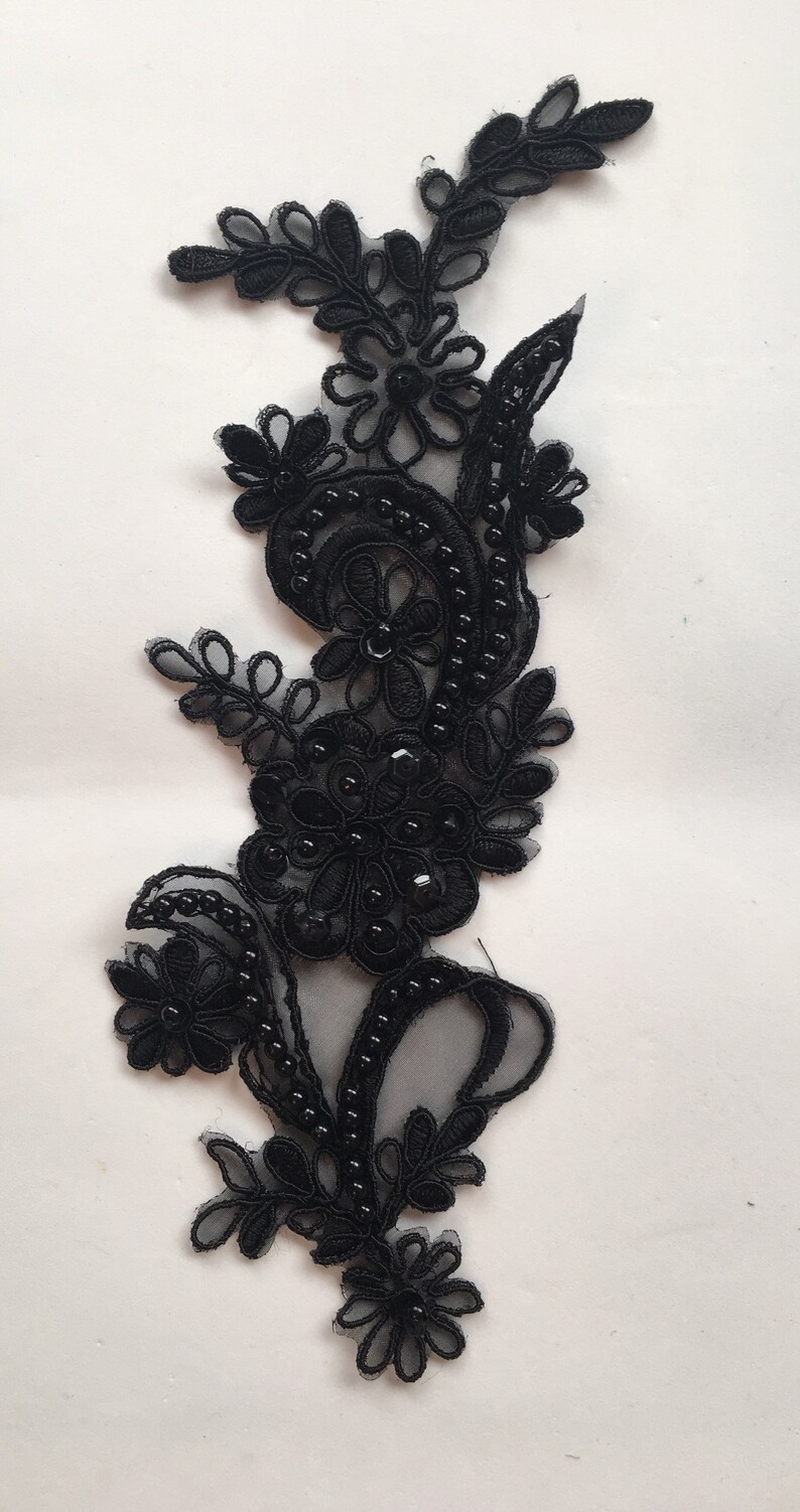 Black Beaded Applique With Black Cording Beaded Applique Lace Etsy