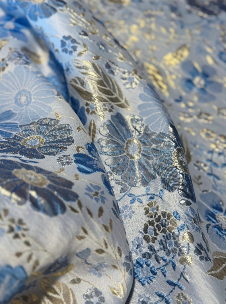 Blue Floral Brocade in a Blue and Gold Colors With Metallic Threading ...