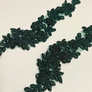 Hunter Green beaded Applique, beaded Aplique lace pair for lyrical dance ballroom costumes bridal headbands sashes on with sequin and pearl