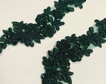 Hunter Green beaded Applique, beaded Aplique lace pair for lyrical dance ballroom costumes bridal headbands sashes on with sequin and pearl